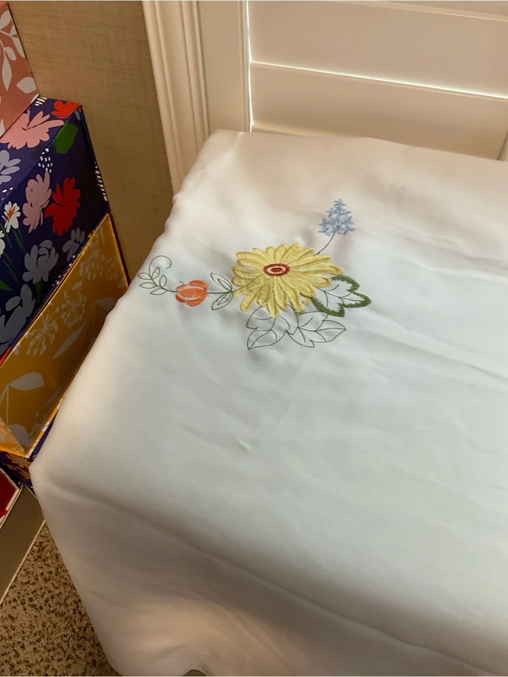 Embroidered Floral White Tablecloth with Multicolor Accents